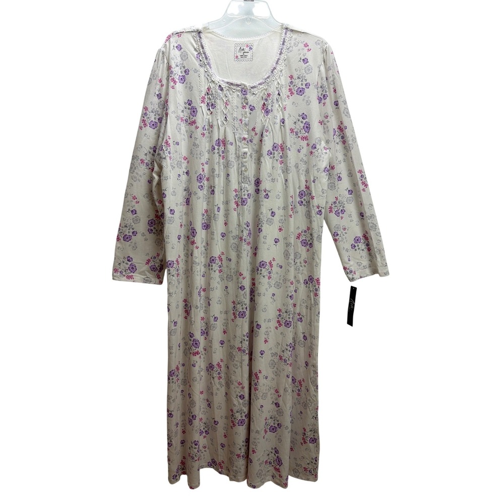 Aria Collection Womens XL Nightgown 100% Cotton Floral Lace Trim Long Sleeve NEW